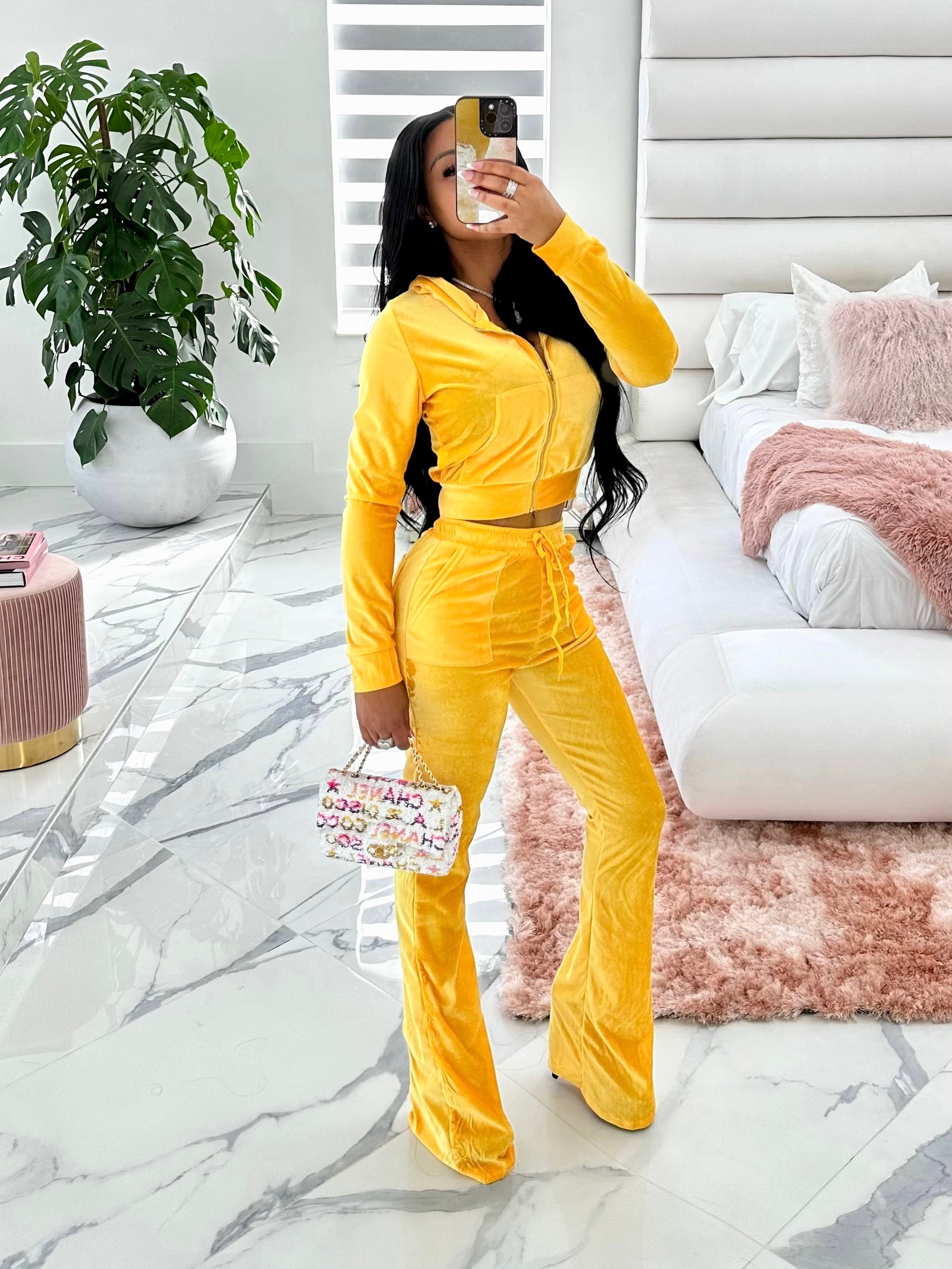 Yellow discount velvet sweatsuit